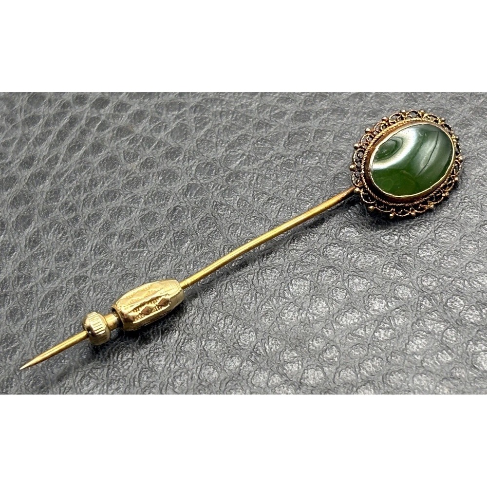 Vintage Victorian Gold Filled Green Jade Cabochon Stick Pin Hat Pin Filigree